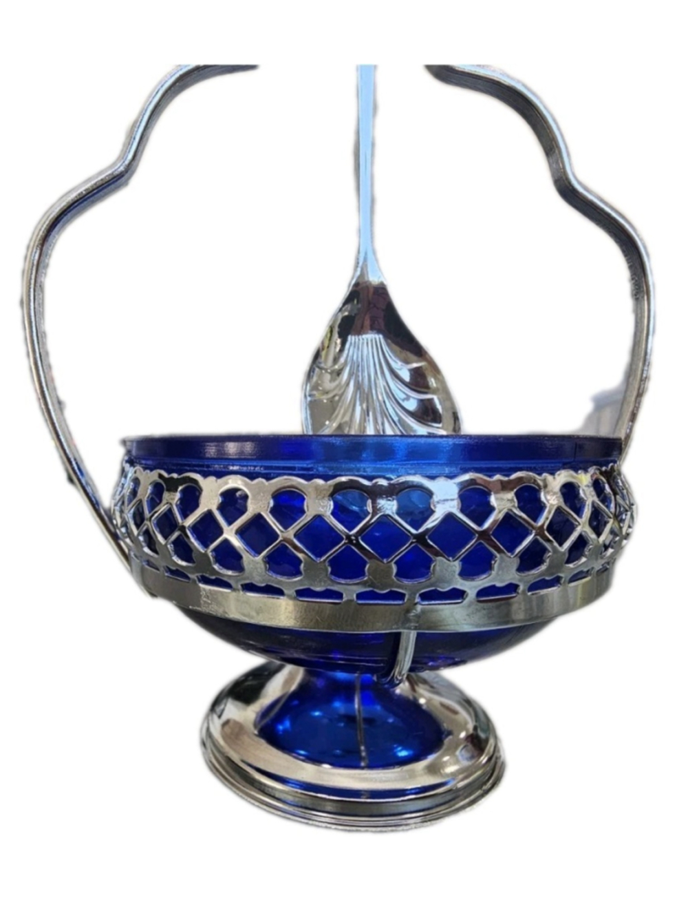 Vintage Cobalt Blue Glass Sugar Bowl Resting in Stainless Steal Basket